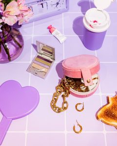 Girl Breakfast. Colourful still life photography in lilac with art direction and styling by HIYA MARIANNE photo production studio.