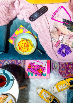 Girl Mess. Colourful still life product photography with art direction and styling by HIYA MARIANNE photo production studio & prop styling by Propped Up.