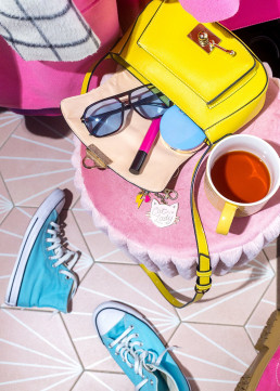 Girl Mess. Colourful still life product photography with art direction and styling by HIYA MARIANNE photo production studio & prop styling by Propped Up.